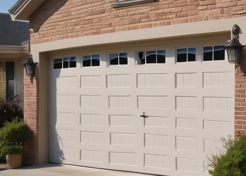 A closed red garage door with horizontal panels is set within a brick wall. The bricks are red with various shades, showing some texture and detail.