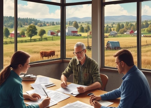 A green agricultural combine harvester with yellow accents is parked on a farm field. The background includes open fields and sparse trees under a clear sky.