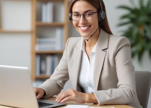 a woman in a suit and headphones is sitting at a desk