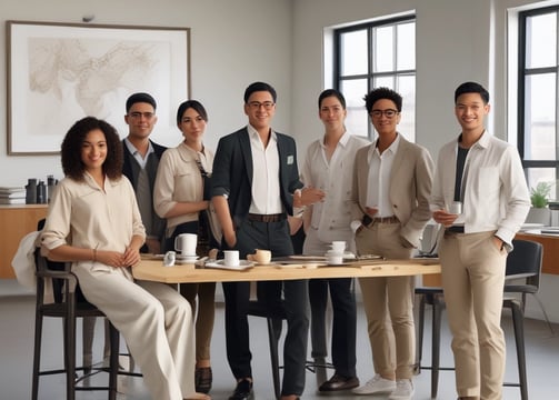 a group of people standing around a table