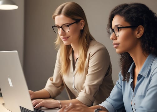 two women sitting at a table with a laptop