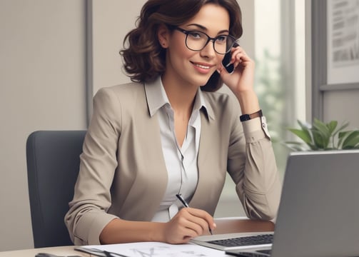 a woman in glasses and a suit jacket talking on a cell phone