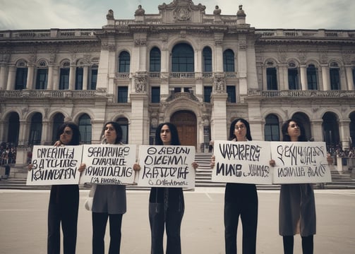 A group of people stands in front of a large government building, holding signs advocating for racial equality and an end to police brutality. The scene is lively with people engaged in peaceful protest. The building in the background features grand columns and intricate architectural details.