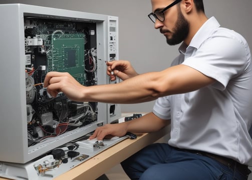 A person wearing a white mask is interacting with a network server, handling blue cables. The setup is illuminated with blue lights, suggesting a technological environment.