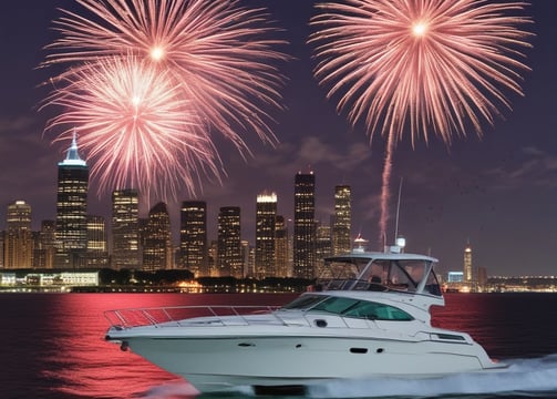 A luxury white yacht is sailing under a large concrete bridge in a bustling urban environment. Red buoys are attached to the sides of the yacht, and a person in blue clothing is visible on deck. The water is a vibrant blue, contrasting with the grey tones of the bridge structure above.