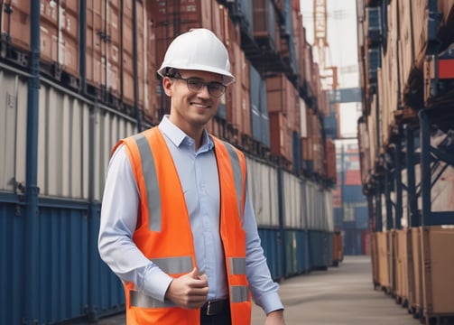 Several large shipping containers are being transported by trucks in a port area. The containers are primarily red and are being moved by vehicles that include a white Isuzu truck. The scene takes place in a spacious, open area with a clear sky.
