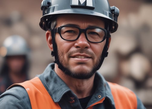 A hand holding a white hard hat with a green symbol, overlooking a large, open quarry or mining site. The landscape consists of rocky terrain with an expansive view into the horizon, where the sky meets the earth, filled with a light blue and orange gradient from the setting or rising sun.