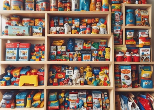 A large supermarket aisle displays a variety of colorful packaged goods arranged neatly on shelves. A person in a blue shirt stands in front of the shelves, holding a list or paper, likely checking items or inventory. The view from above shows an extensive selection of products, indicating a wide variety of options available to shoppers.