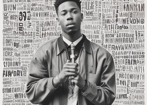 a rapper standing behind a microphone surrounded by words floating around him