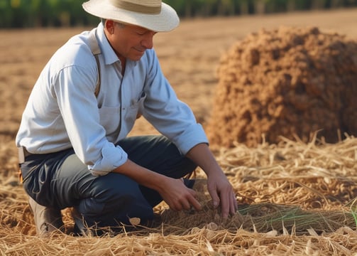 A farmer observing the quality of his harvested crops.raw hat