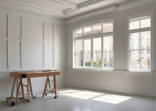 A construction or renovation site is visible, featuring metal scaffolding on a tiled floor. In the background, there's an open window allowing natural light to brighten the area. Cardboard boxes are placed on a surface, hinting at ongoing work. Electrical cables are scattered on the floor, and a cutout in the wall appears to be an unfinished part of the project.