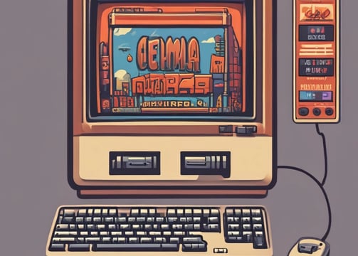 An arcade setting featuring a classic Space Invaders game setup and a modern gaming machine with seats. Bright neon lights illuminate the area, with scores displayed on digital screens. A bright and visually engaging environment full of electronic components.