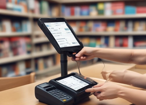 A modern, well-lit retail space with sleek white display counters and shelves. The ceiling features contemporary lighting fixtures, and the space incorporates wood and stone accents. Products are neatly arranged on the shelves, and promotional signs are visible.