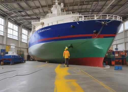 Two individuals are working underneath the hull of a large boat, scraping away at the surface. One is closer to the camera, wearing a cap, a purple shirt, and jeans shorts, using a scraping tool. The other person is in the background, dressed in blue, focused on a similar task. The environment appears industrial, with a concrete floor, and the underside of the boat dominates the frame.