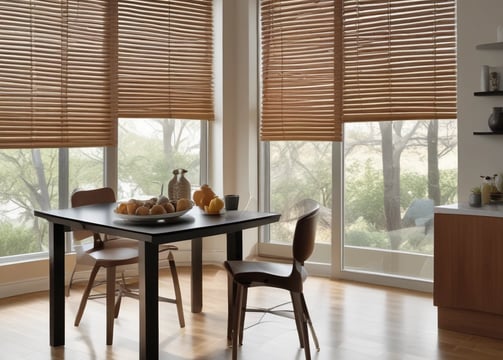 A close-up view of wooden window blinds with light filtering through the slats, casting shadows and highlights.