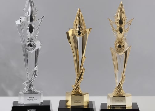 A collection of trophies is displayed on a metal stand covered with a lace cloth. In the background, a group of people in uniforms stands on a field, holding various flags. Tall buildings and palm trees can be seen in the distance.