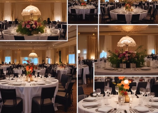 An elegantly decorated event hall with neatly arranged round tables covered in pastel-colored tablecloths and white chairs. A red carpet leads down the center aisle. The space is well-lit with chandeliers and spotlights, and floral centerpieces adorn each table.