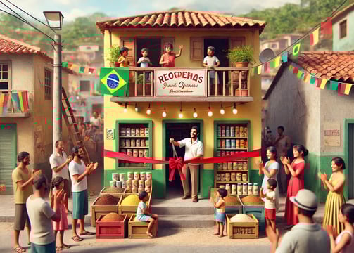 uma mercearia amarela com telhado de telha amarronzado sendo inaugurada