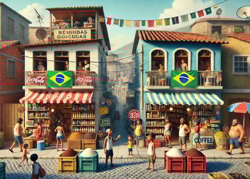 mercearias concorrentes, a da esquerda é branca e a da esquerda é azul, em um embate pela clientela