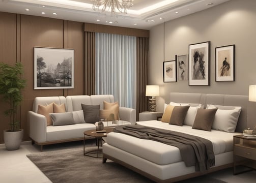 A modern interior with minimalist design featuring a sleek black couch next to a large window. A glass coffee table with a small plant sits on a light-colored rug over a tiled floor. The space is illuminated by ceiling lights and is partially enclosed by a wall with a reddish-brown panel design.