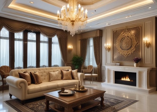 A sophisticated interior scene with a modern living room. The room features a sleek, marble fireplace, a large mirror above it, and a luxurious sofa adorned with plush velvet cushions. A coffee table is positioned centrally with a bouquet of flowers, a book titled Tom Ford 002, and two bottles on a tray. On the left side, there is a stylish jacket on a stand, with an open wardrobe showcasing neatly arranged clothing and bags.