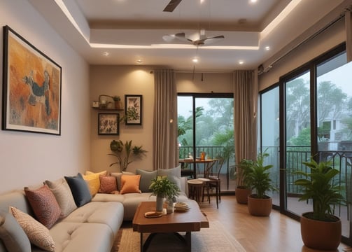 Modern interior design featuring a vertical wooden slat wall accent, a framed black-and-white photograph of hands releasing sand, and minimalistic decor including a candle holder and vases with dried plants. Light and airy with a contemporary aesthetic.
