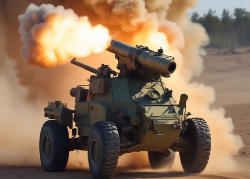 A military missile is mounted on a launcher, aimed towards the sky. Surrounding the missile is military equipment, including trucks and containers. The scene is set outdoors under a bright blue sky with scattered fluffy clouds.