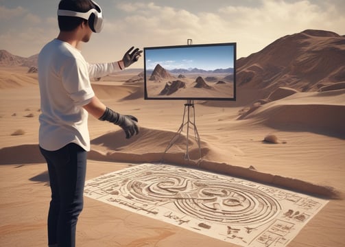 A person wearing a virtual reality headset standing in a library. They hold VR controllers in both hands and wear a colorful shirt featuring an astronaut graphic. The shelves are lined with numerous books.