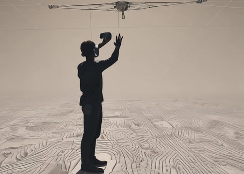 A person is wearing a virtual reality headset and holding a motion controller device, standing in a room with a large screen displaying a virtual environment. The setting suggests a modern, high-tech atmosphere.