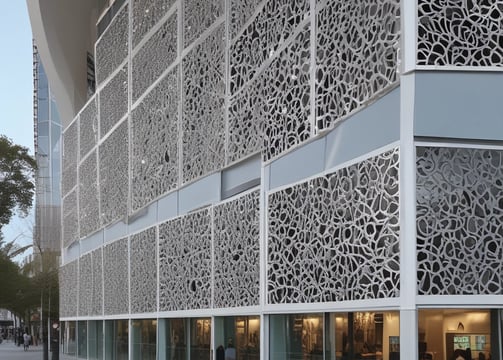 An abstract architectural interior featuring a series of curved, layered wooden slats creating an intricate, flowing pattern. The design is highlighted by soft and natural lighting, creating a sense of depth and dimension.