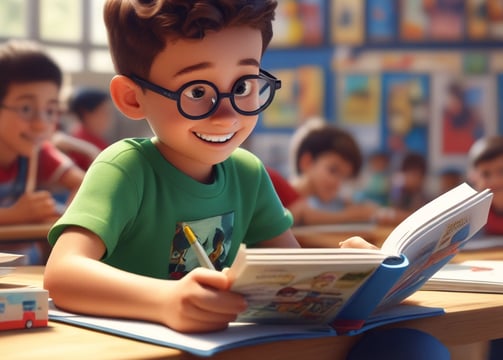 Two children are closely engaged with a book, lying on their sides. One child is pointing at a colorful illustration while the other writes or draws with a pen. The book appears to be open on a table, featuring large, vibrant illustrations, likely from a story or educational material.