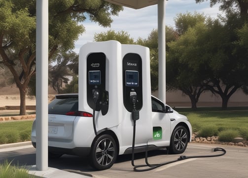 A black electric car is parked at a charging station with visible greenery and wet ground reflections. The charging unit is prominently branded behind the vehicle.
