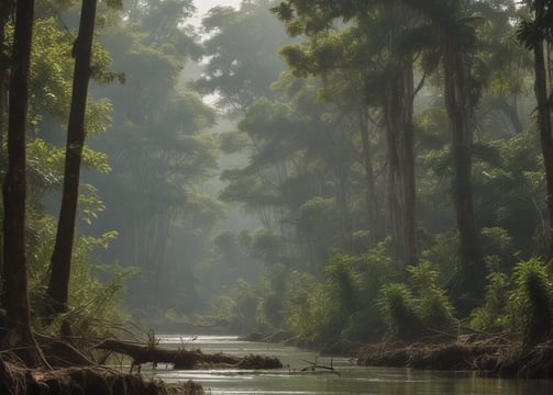 A scenic view of a river cutting through a lush green forest under a partly cloudy sky. On the right, a hydroelectric facility is visible with solar panels on its roof. The river flows smoothly between dense vegetation, with some light reflecting off the water's surface.