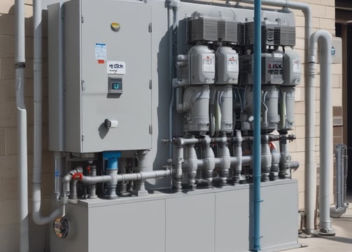 Complex metallic piping system with various hoses and clamps, connected to mechanical components, suggesting an engine or machinery. The arrangement includes multiple curved pipes and wires.