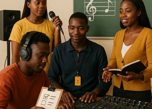 young africant studens are working together and listening the music