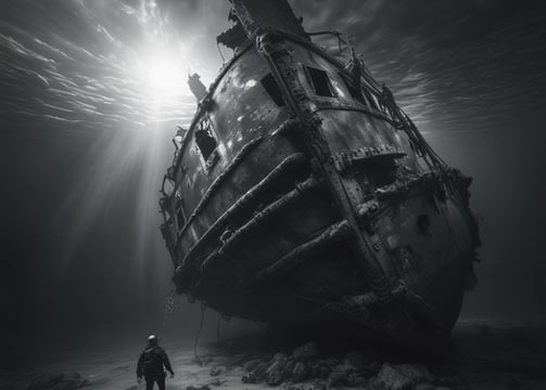 A person is diving next to a wreck. The lighting is dramatic, with a mix of bright and dark areas, c