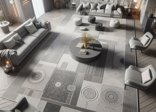 a living room with a large rug and a couch