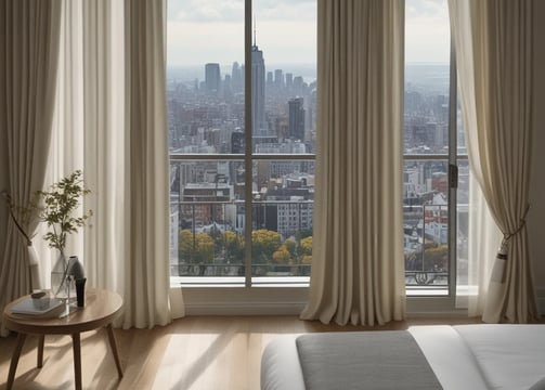 A curtain with an intricate vine-like pattern in muted shades hanging partly open, letting in a soft, ambient light. The room is mostly dark, and the light casts gentle shadows, highlighting the ornamental design on the curtain.