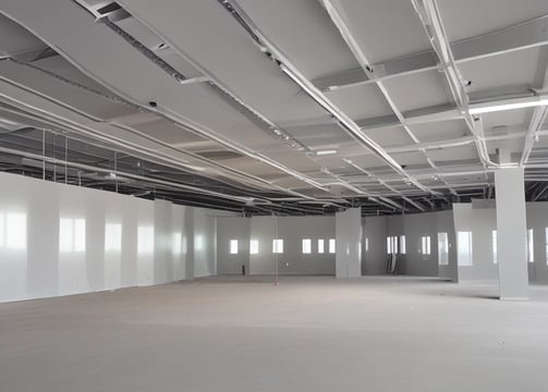 The image depicts the interior ceiling of a building under construction. There are wooden beams and a partial view of the roof structure. Two rectangular window installations are visible.