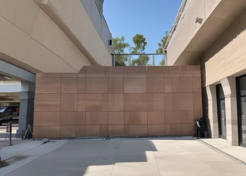 An interior wall is covered with a grid of beige tiles. Several electrical conduits run vertically and horizontally across the surface, connecting multiple junction boxes affixed to the wall. One of the boxes is marked with the letter 'N'. The overall appearance is industrial and functional.