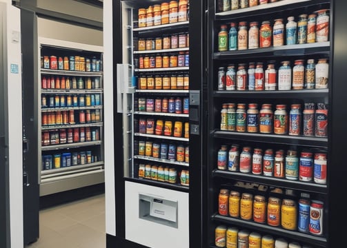 A row of vending machines is lined up on a sidewalk against a tiled wall. Each machine displays various drinks and snacks with colorful branding, including well-known beverages like Coca-Cola and Pocari Sweat. The setting appears urban, with typical street markings visible on the asphalt in front.