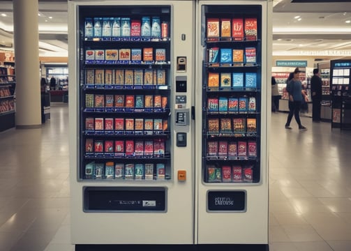 A brightly lit vending machine stocked with various beverages, positioned on a city sidewalk at night. It is surrounded by some greenery, and a tall concrete pillar partially obstructs the view on the right side. The machine features a digital payment option and is filled with colorful drink cans and bottles.