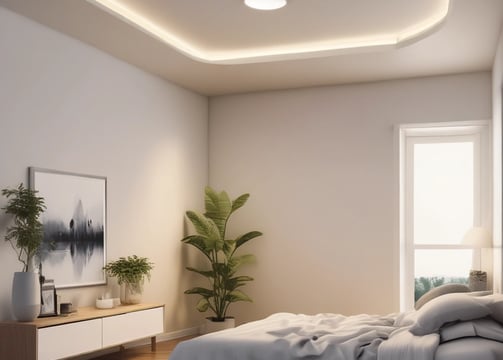 A smart display device sits on a white kitchen counter against a backdrop of white tiled walls. The screen displays various interactive options such as Find food recipes, Play videos, Manage photos, and Check news, each represented by images.