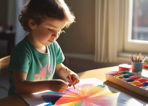 A young child with medium-length hair is painting an abstract design on a large canvas. The artwork consists of sweeping strokes of black, white, and grey, creating a chaotic yet artistic pattern. The child holds a paintbrush and seems focused on their creative expression.