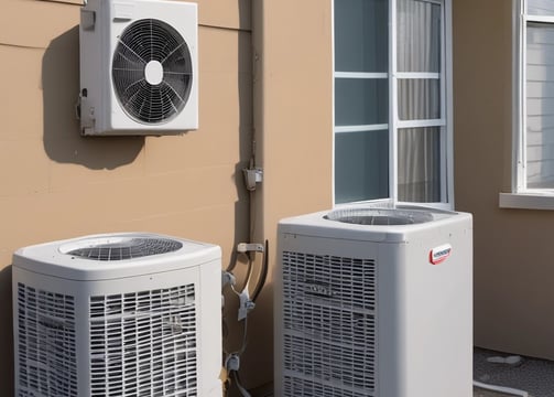 A densely packed wall with numerous air conditioning units attached at various heights. There are several metal ladders placed vertically and horizontally around the units. Various cables and ducts are seen running from the units, and the entire setup has an industrial and cluttered appearance.