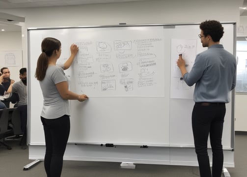 A woman wearing denim overalls stands in front of a whiteboard and writes with an orange marker. The whiteboard has writing that explains how to set up a 'Social Wall,' with steps numbered one to three.