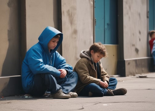 A man sits on the ground leaning against a large blue wall, appearing contemplative or weary. Beside him are a couple of bags, one of which is labeled 'homeless'. The wall and pavement create a stark background.