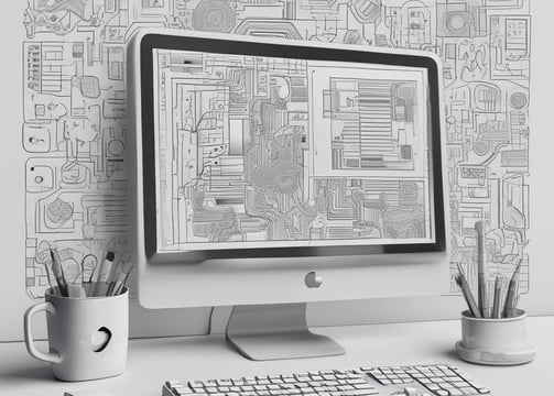 A neatly arranged workspace features a laptop, a UX sketchbook, a keyboard, drawing tools, stencil templates, and wireframe sketches for a mobile app design. The environment appears organized and intended for user experience design work.