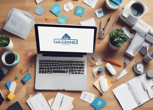A neatly arranged workspace features a laptop, a UX sketchbook, a keyboard, drawing tools, stencil templates, and wireframe sketches for a mobile app design. The environment appears organized and intended for user experience design work.