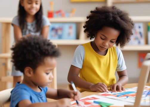 Children are seated around a table in a classroom setting, engaging in activities with paper and art supplies. The classroom appears busy with students focused and collaborating on creative tasks.